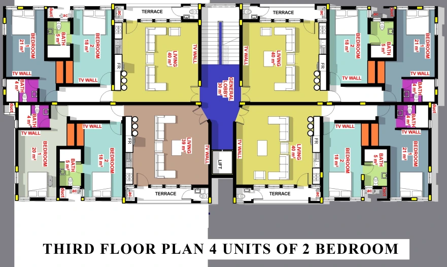 3rd Floor Plan, 4 Units of 2 Bedrooms